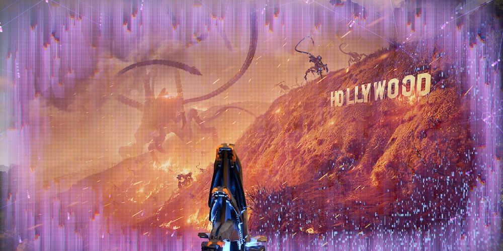 Aloy sees a hologram of a Horus Titan attacking the Hollywood sign in Horizon Forbidden West Burning Shores