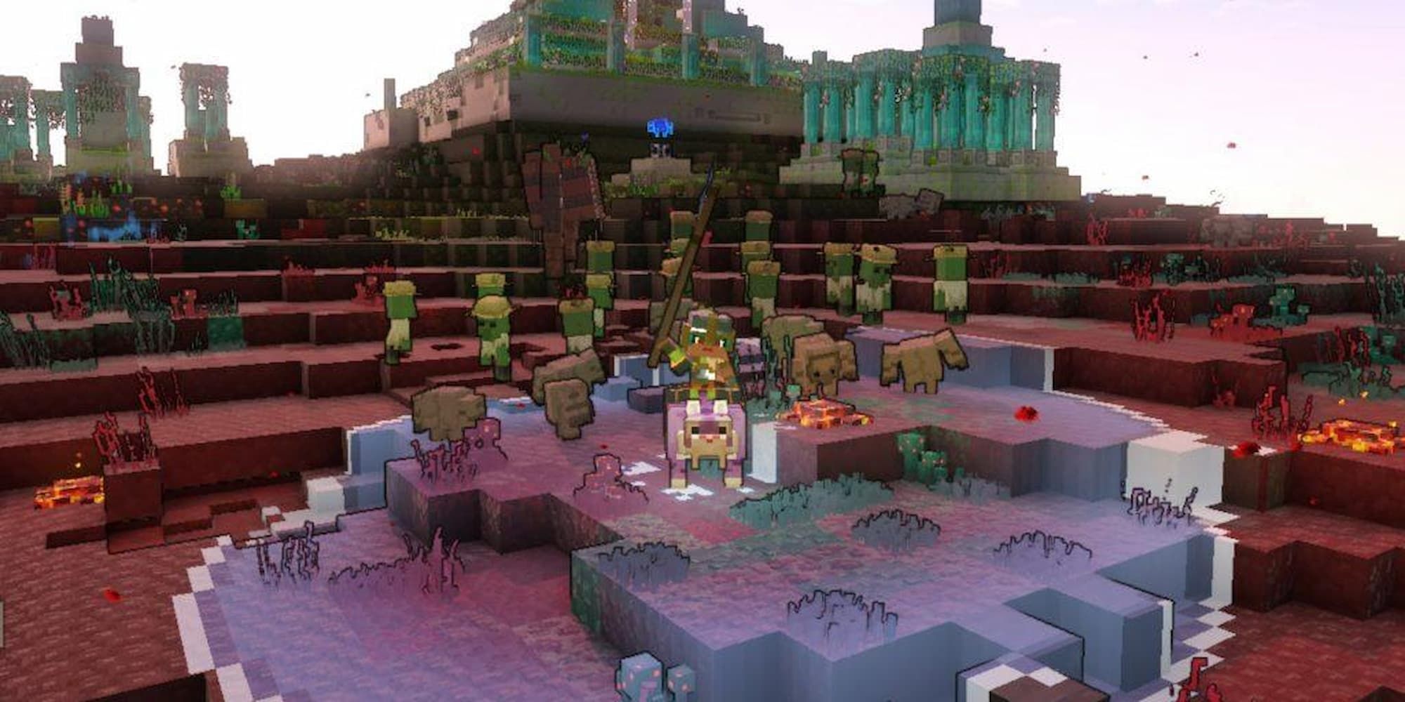 Un Héros Lève Sa Bannière Pour Commander Une Variété D'Unités Devant Une Base De La Horde Dans Minecraft Legends.