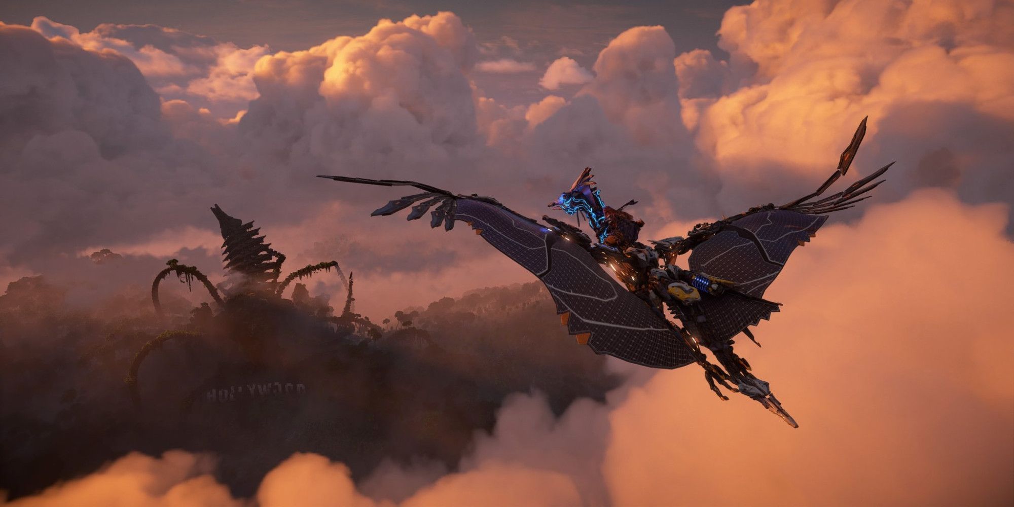Aloy on a Sunwing flying over the top of clouds in Horizon Forbidden West Burning Shores