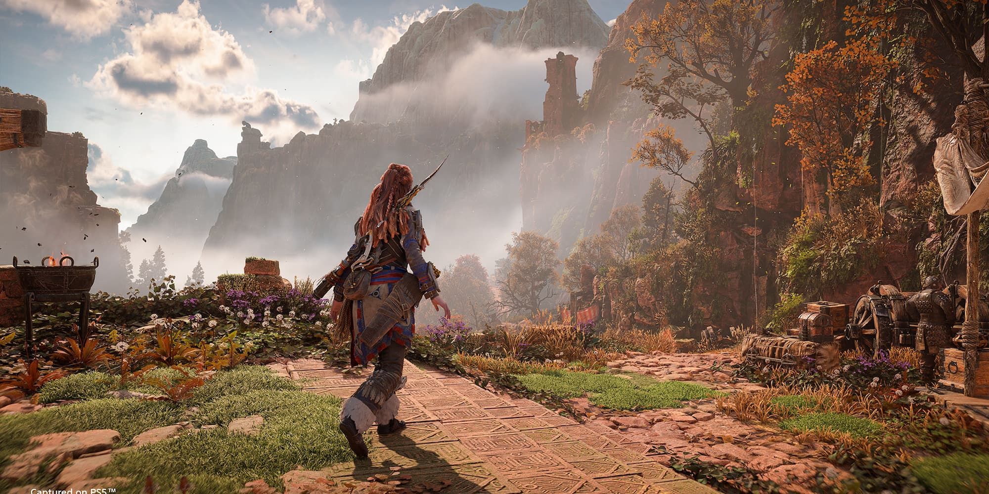 Aloy walks along a path that leads to the woods in Horizon Forbidden West.