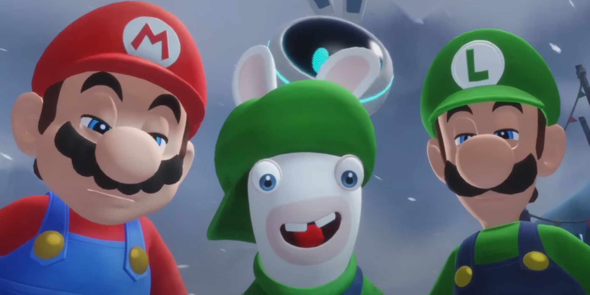 Mario, Rabbid Luigi, and Luigi staring at the camera.