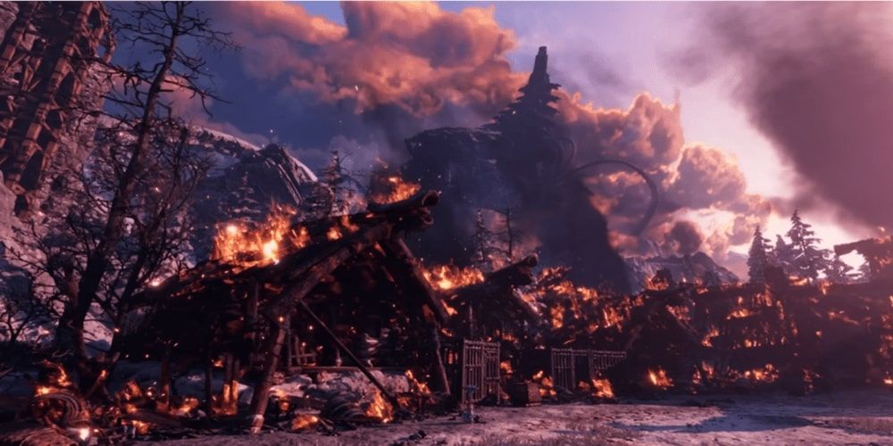 Horizon Call Of The Mountai village burning down