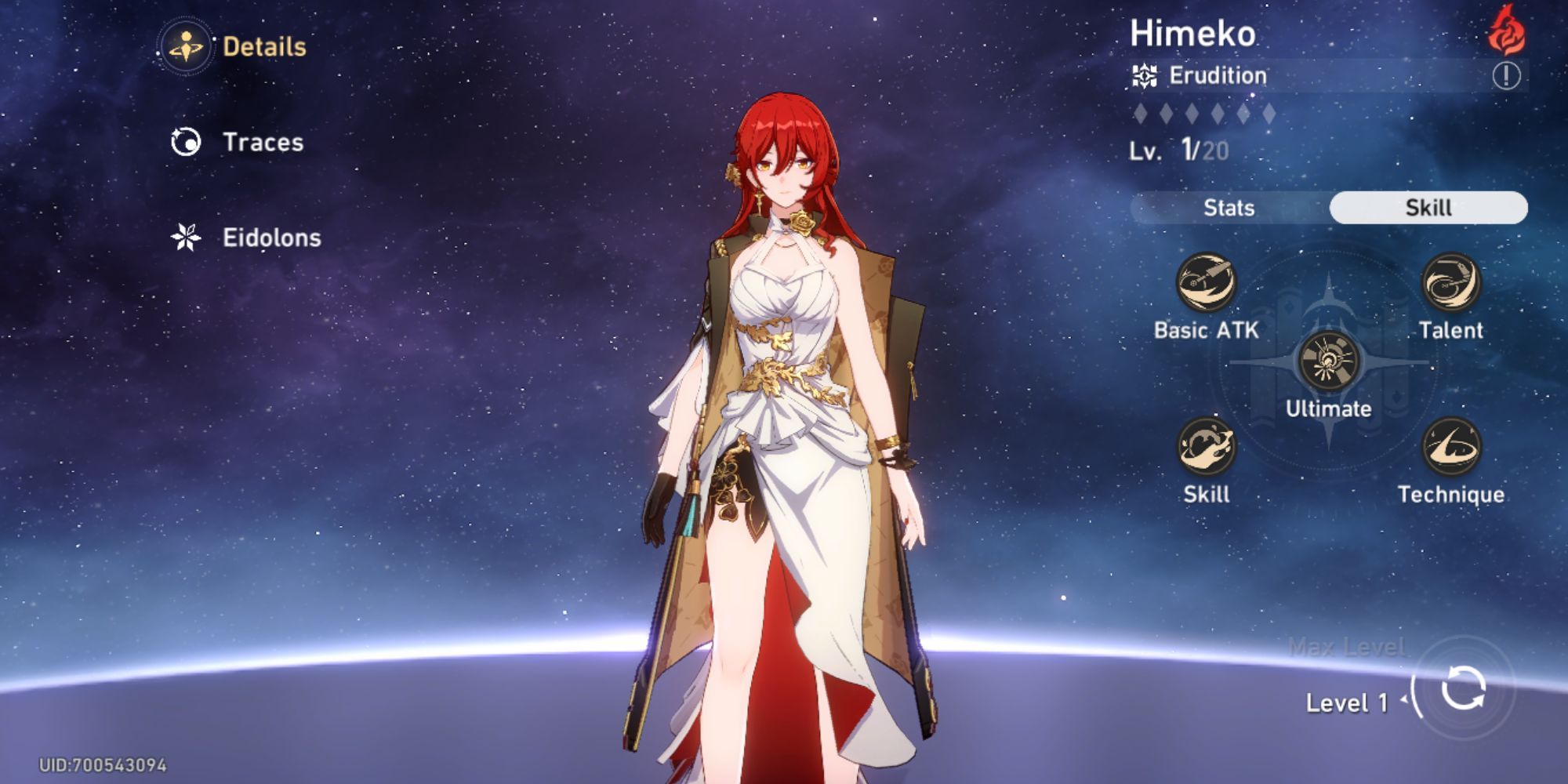 Honkai: Star Rail - Himeko in the preview character menu showing her abilities