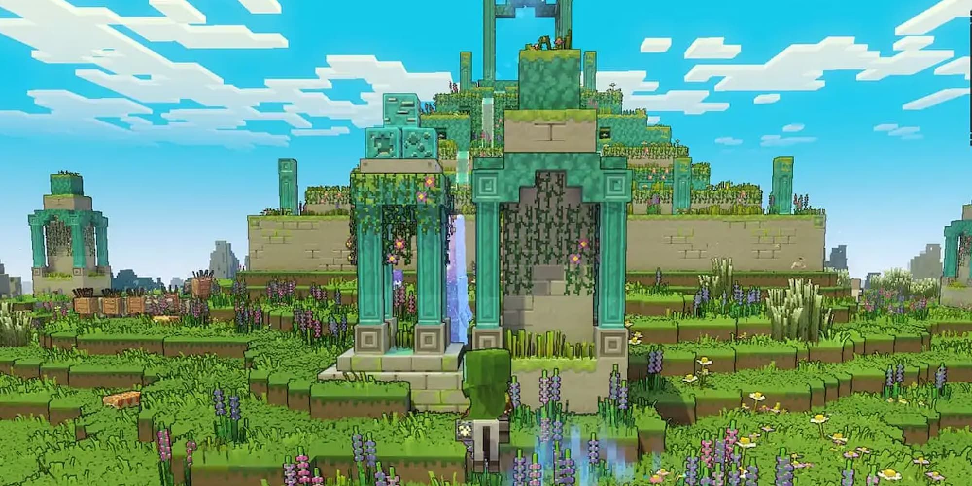 Un Héros Se Trouve Près Du Centre D'Amélioration Avec De Multiples Améliorations Construites, Par Le Puits Du Destin, Dans Minecraft Legends.