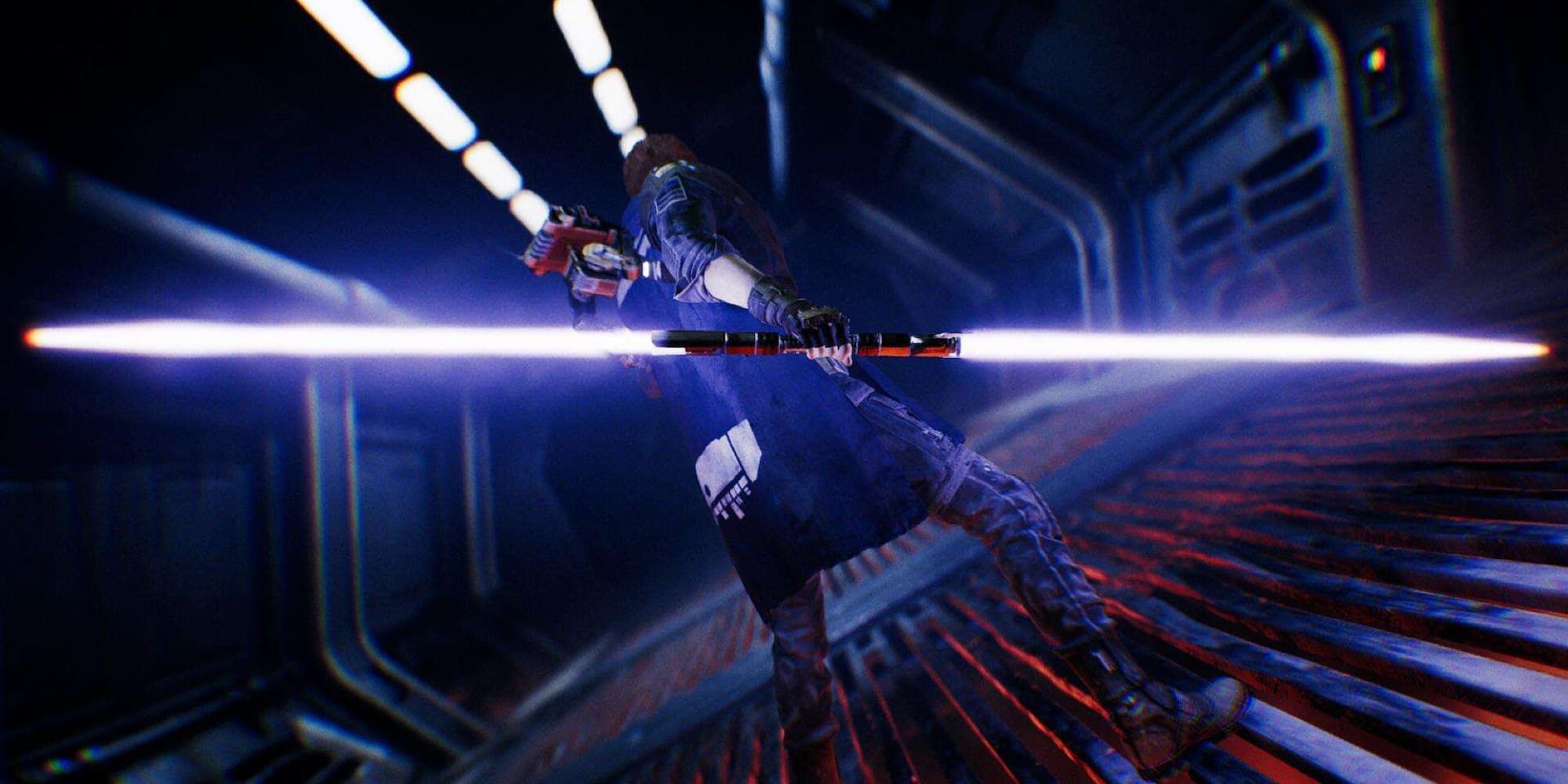 Cal Kestis wield a double-bladed Indigo Lightsaber in Star Wars Jedi: Fallen Order.