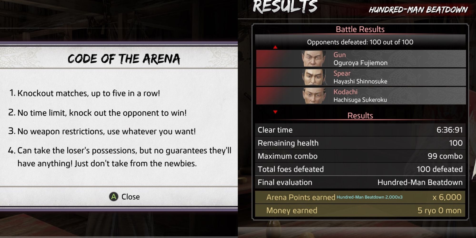 The Arena's posted Rules and a Reward Screen after defeating the hundred-man beatdown.