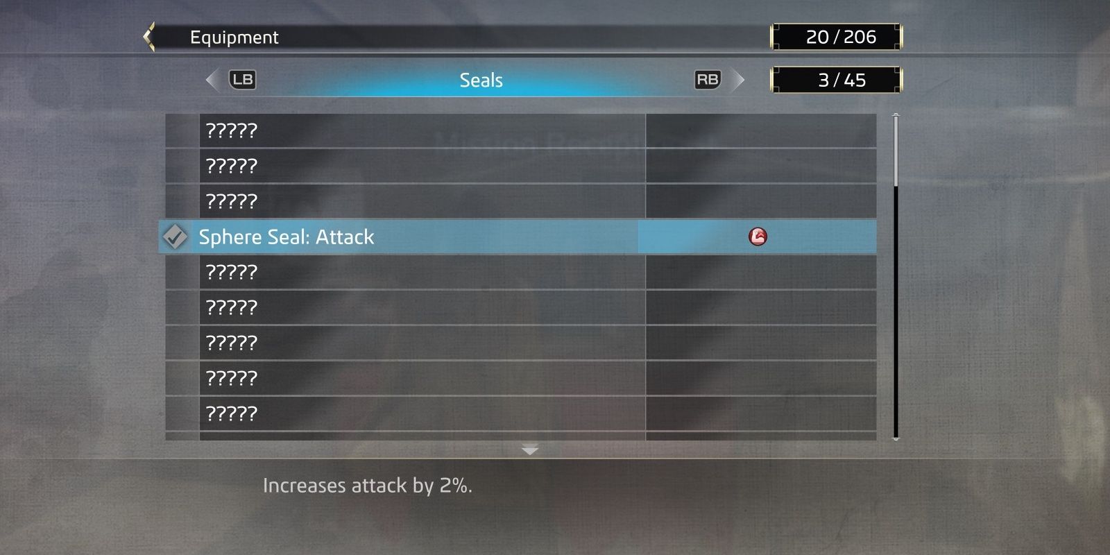 Ishin the Sphere Seal: Attacks listed in the inventory menu.