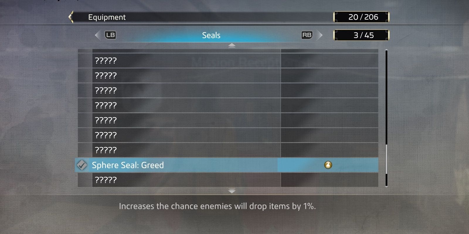 Sphere Seal: Greed listed in the inventory menu in Like A Dragon: Ishin!