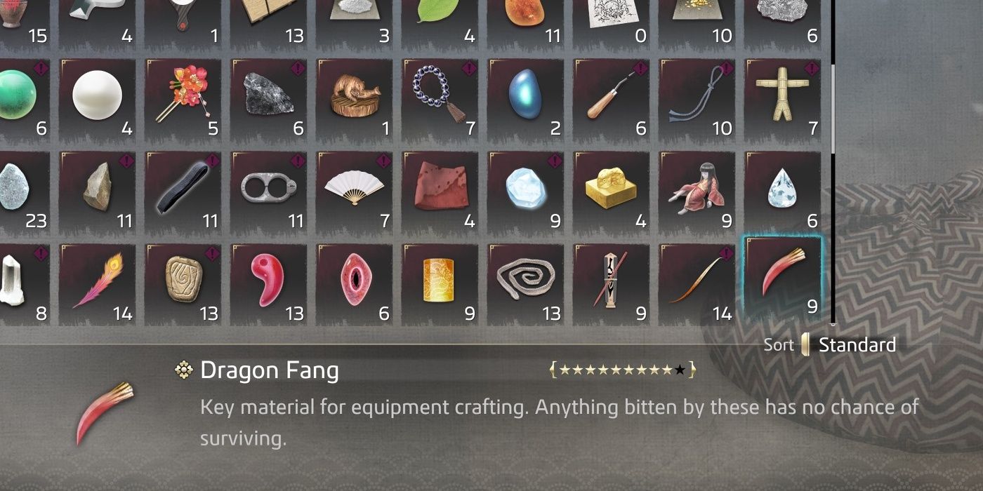 The Dragon Fang and its item description in the inventory menu.