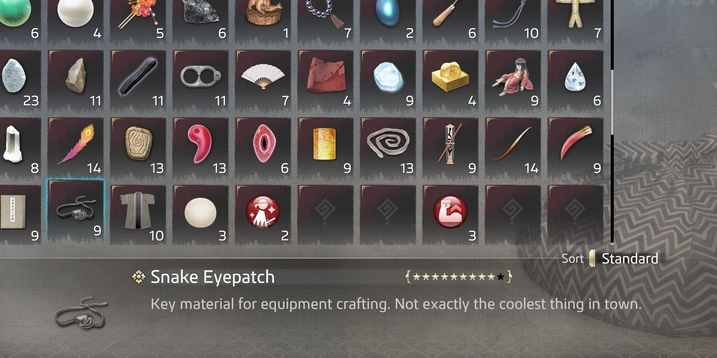 The Snake Eyepatch and its item description in the inventory menu.