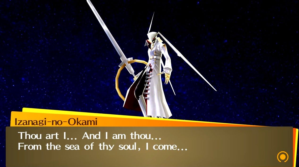 Izanagi-no-okami introduces herself to Yu at the time of fusion in Persona 4 Golden.
