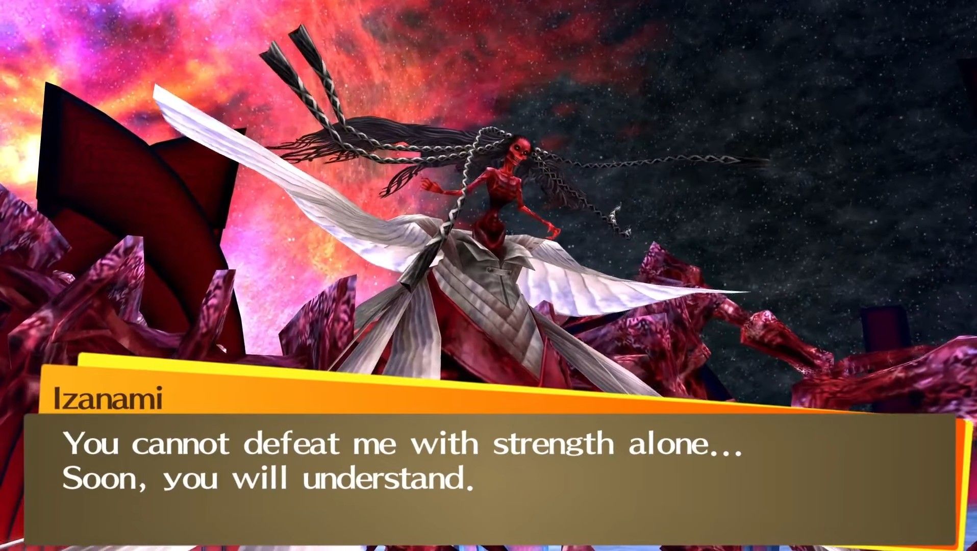 izanami-no-okami taunting the investigation team during the boss battle of persona 4 golden