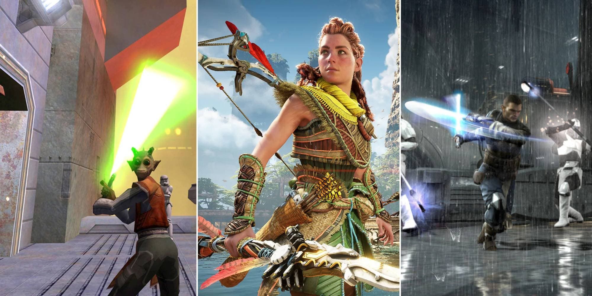 A Rodian Jedi wields a green lightsaber, Aloy stands near a body of water with her bow, and Starkiller strikes his enemies with his lightsaber.