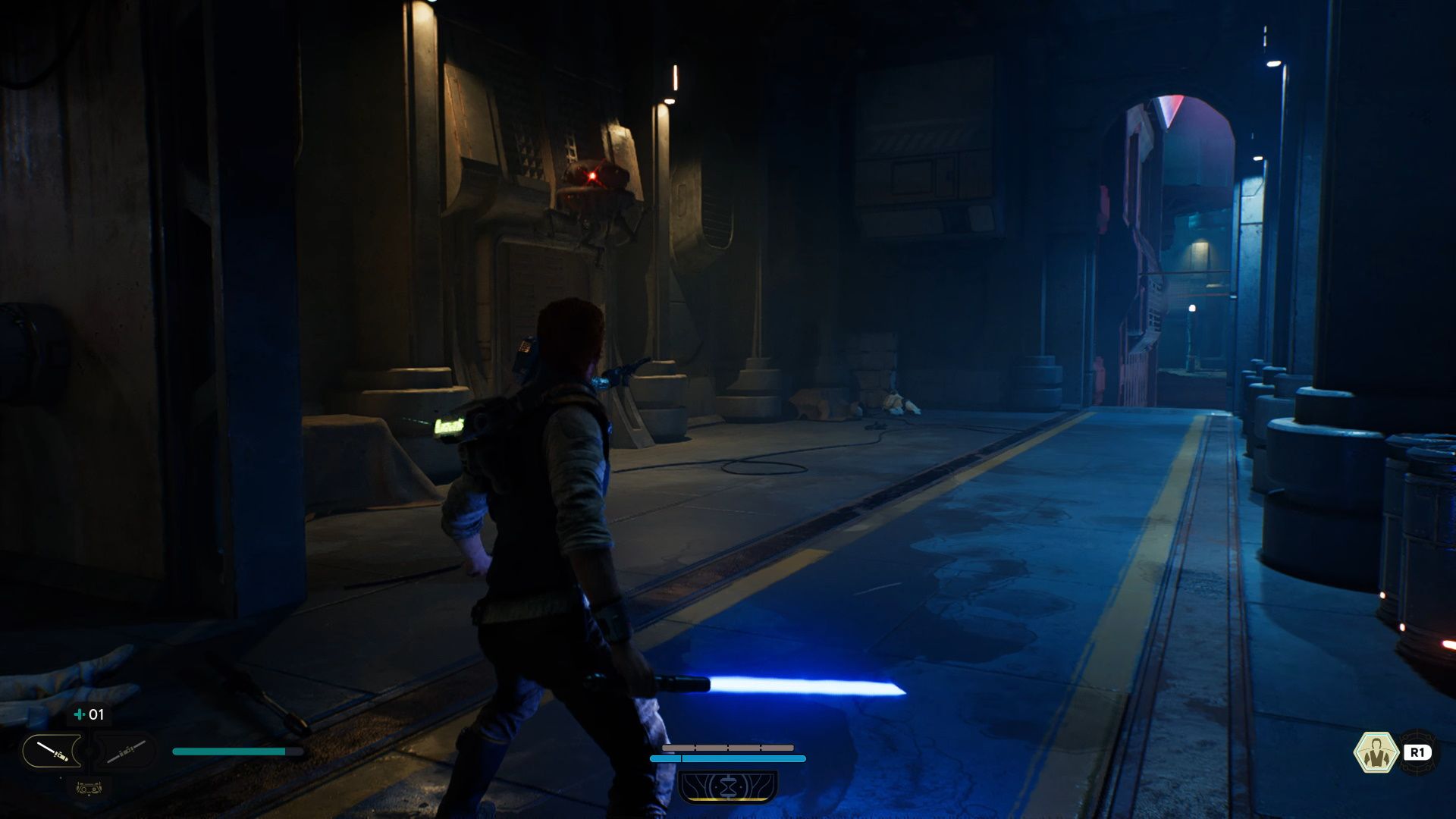 Jedi Survivor, The Probe Droid about to fire a laser