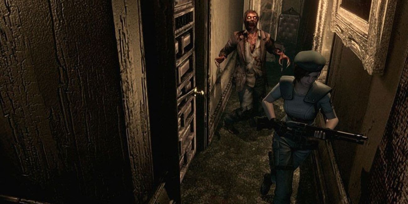Jill running away from a Crimson Head in the Resident Evil 1 remake.