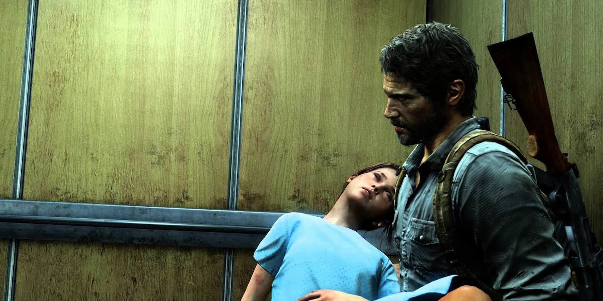 Joel carries Ellie after saving the doctor from killing her for treatment in The Last of Us.