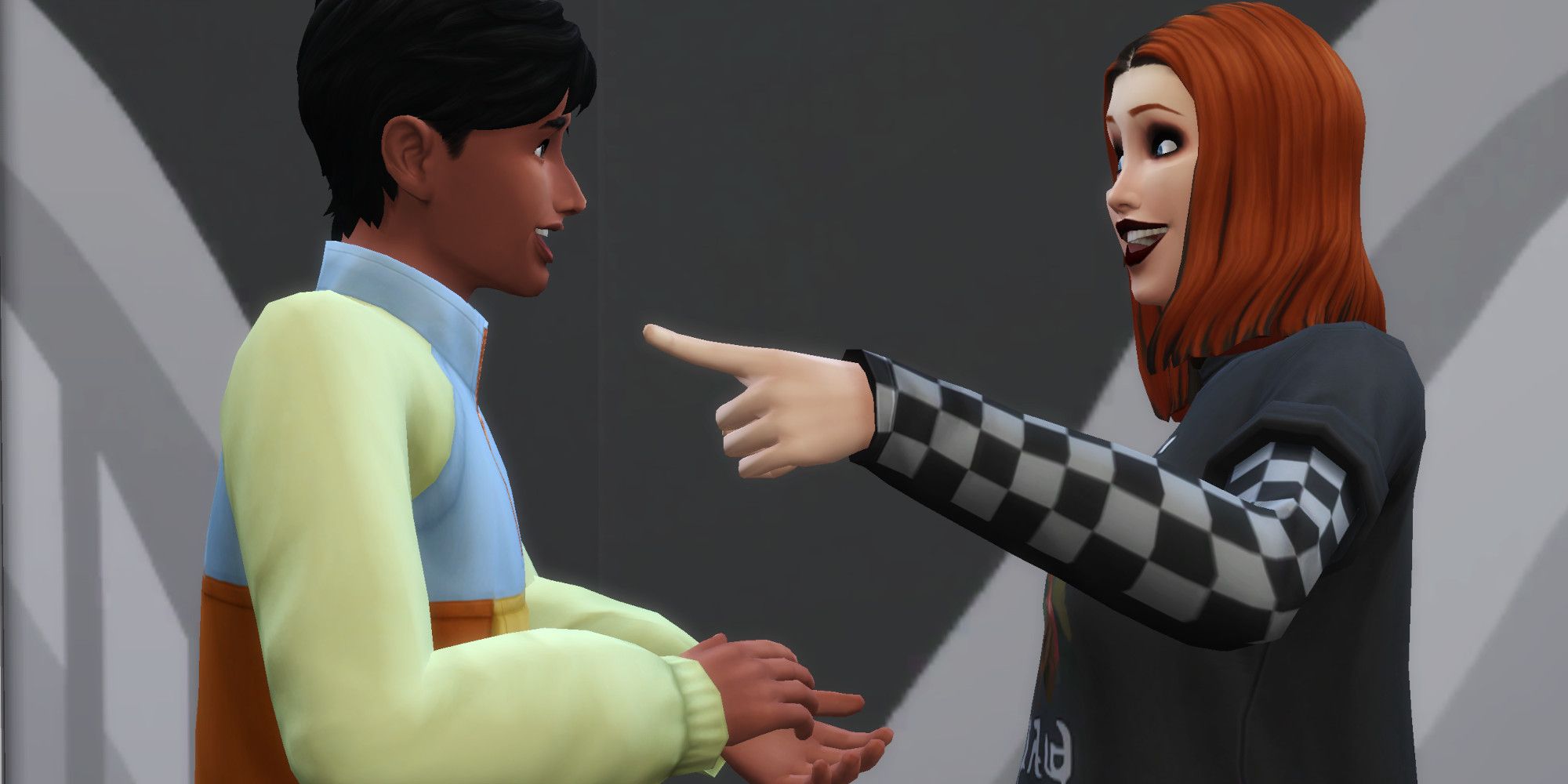 Two teen Sims laughing together.