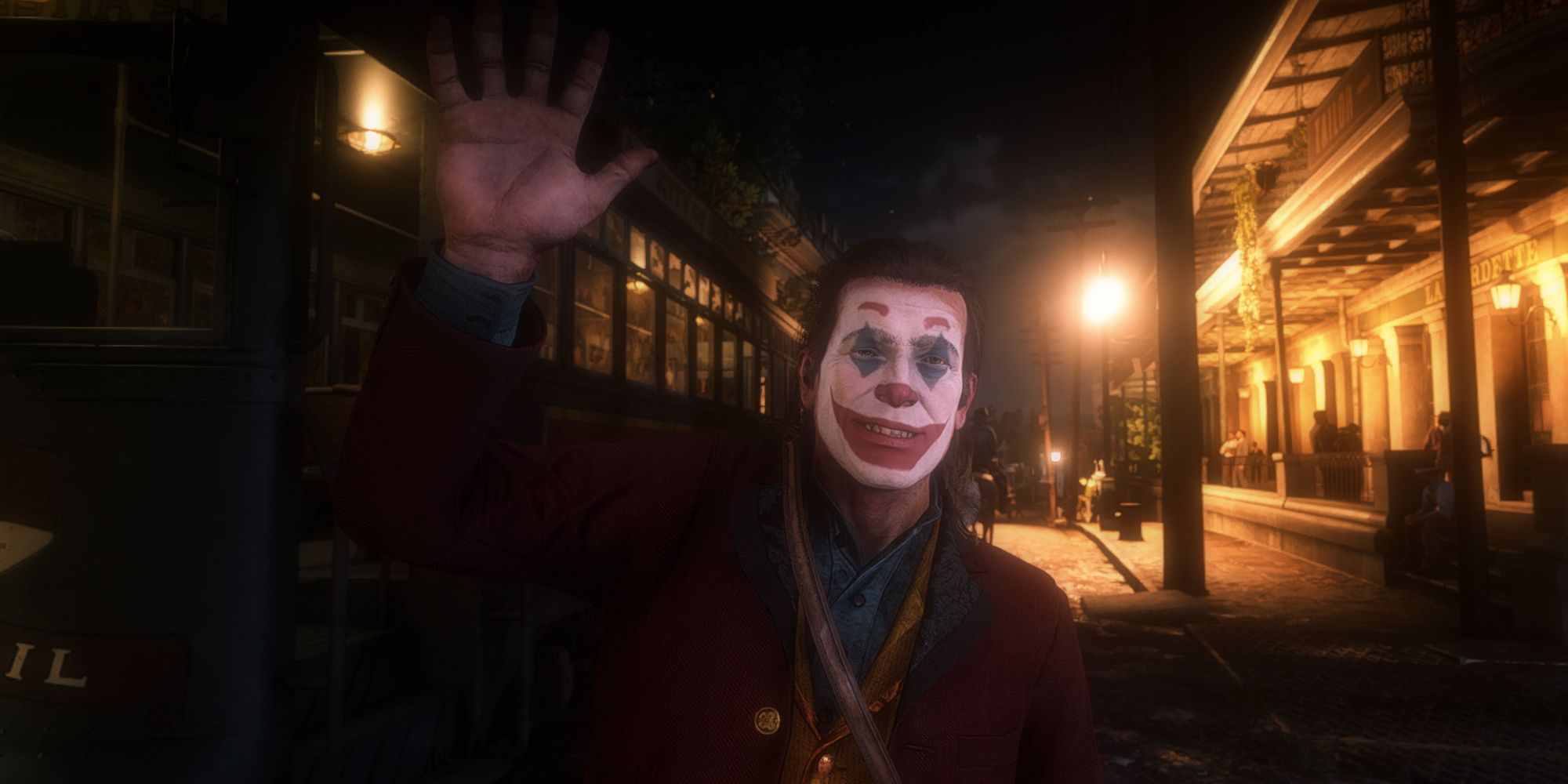 An image of Arthur from Red Dead Redemption 2 dressed as the Joker.