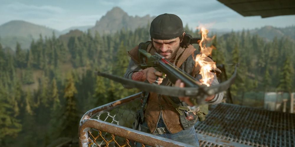A close shot of Deacon aiming a Drifter Crossbow with an fire bow.