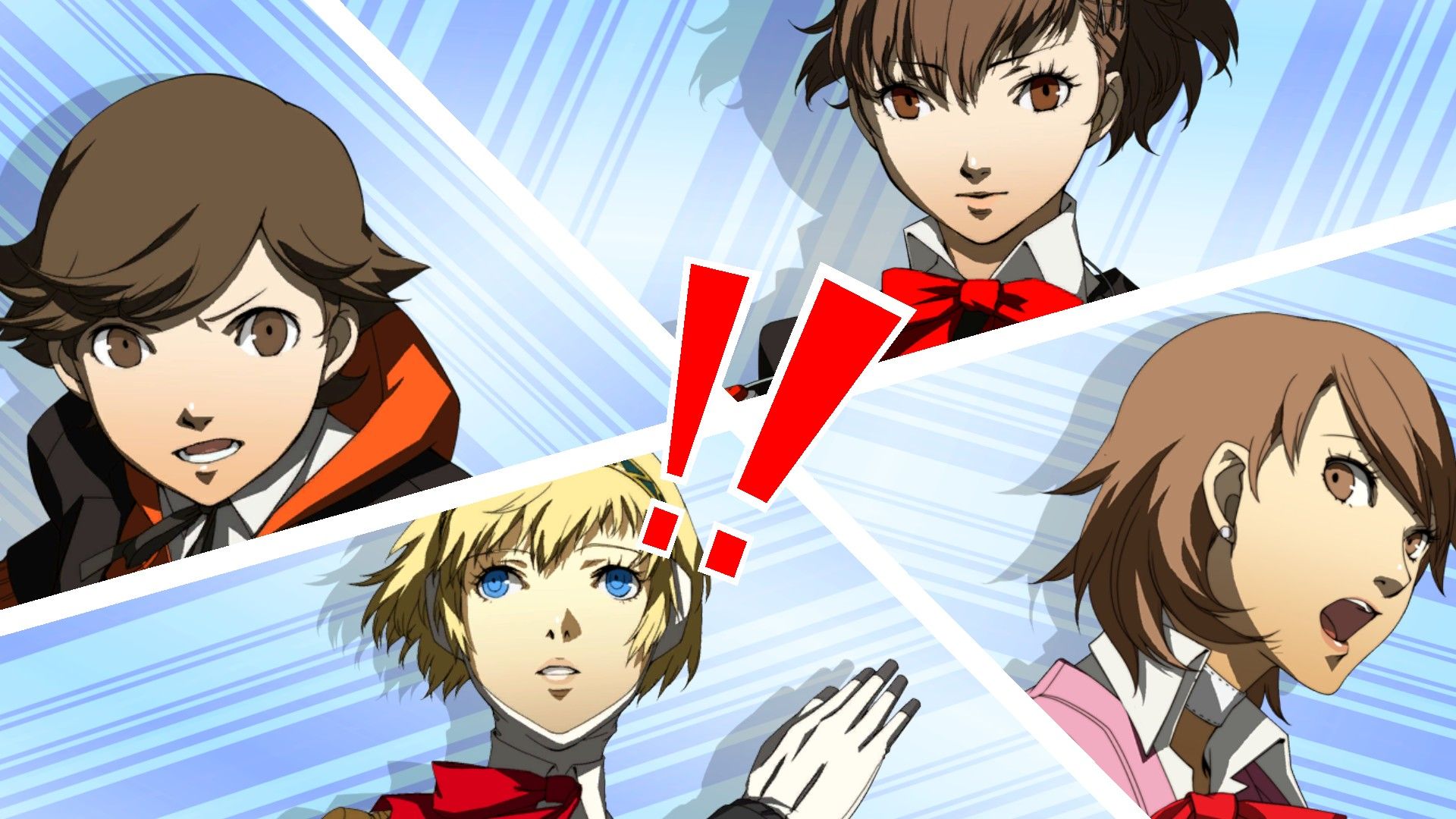 Ken, Aigis, Yukari, and p3p female protagonists in one of Persona 3 Portable's all-out attack screens