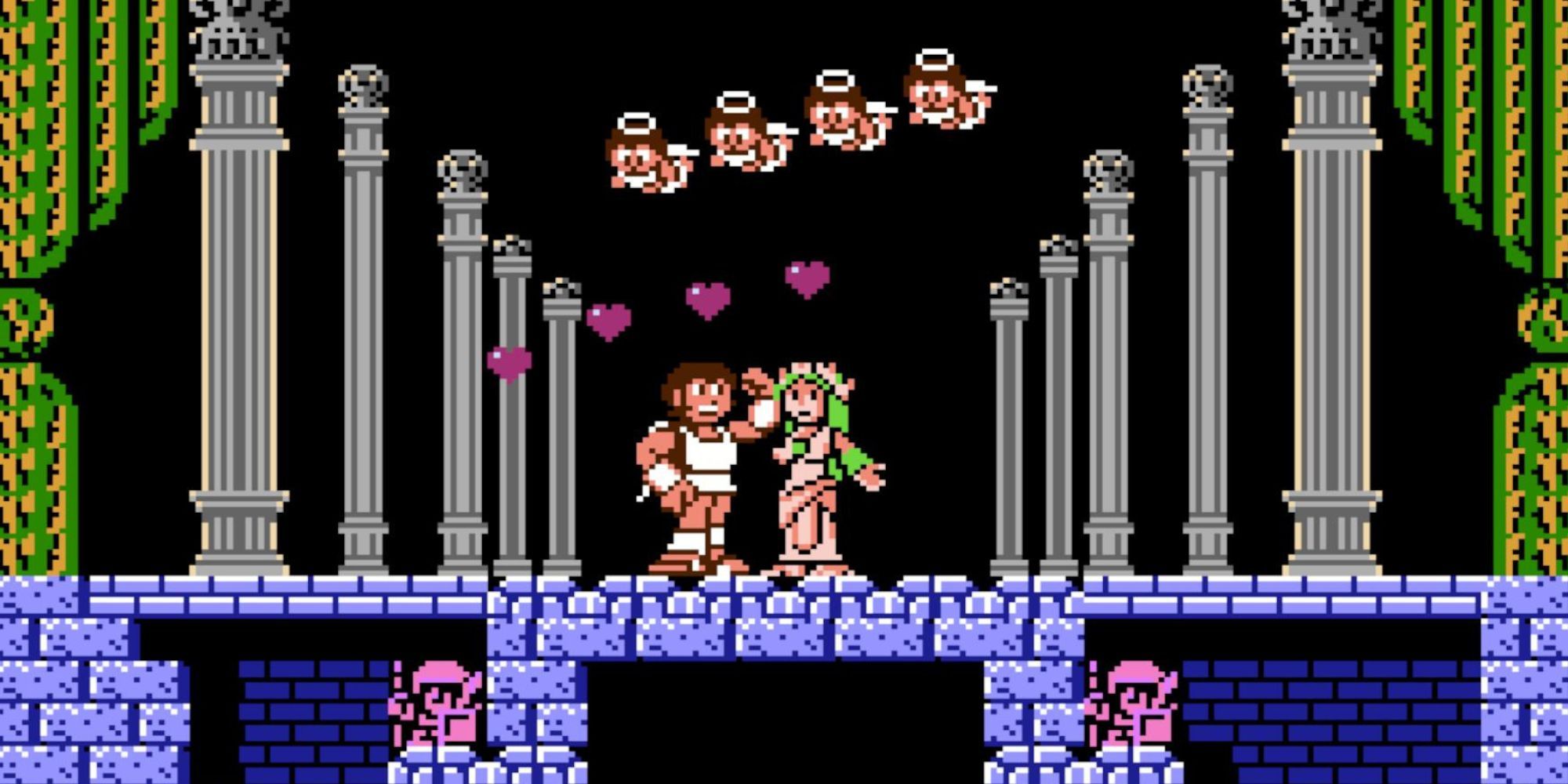 Pit stands beside Palutena as angels fly over their heads