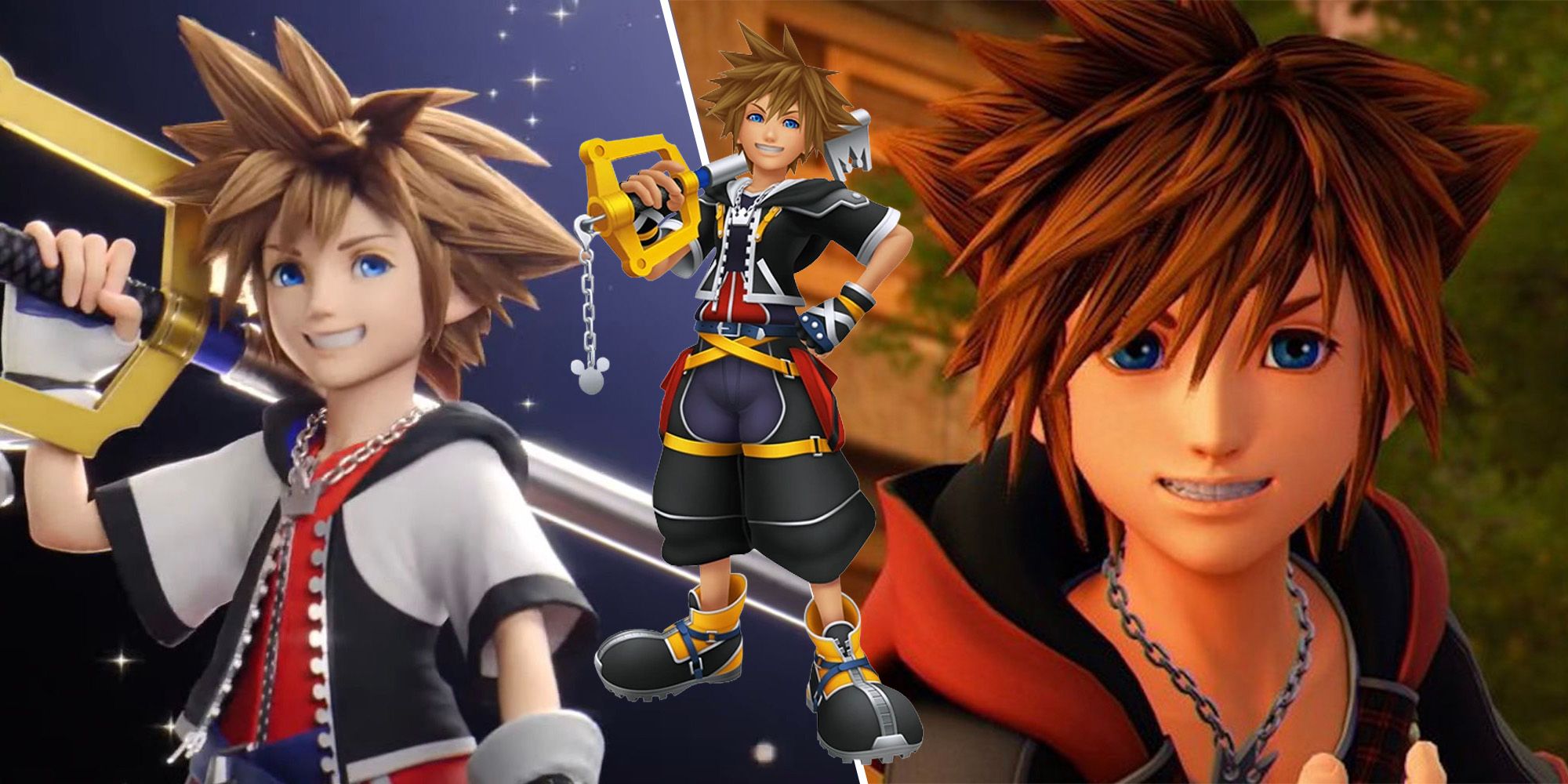 Kingdom Hearts Sora zerschmettere Sora mit seinen Kingdom Hearts 1 Outfits und Sora von kh2 und kh3