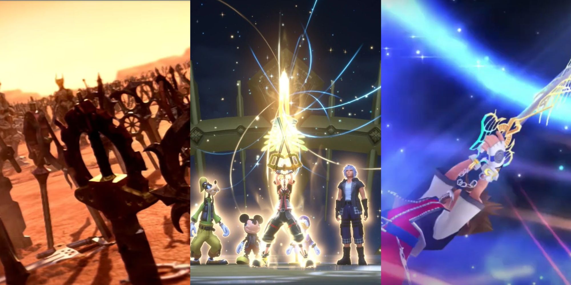 A cinematic of the Keyblade Graveyard, Sora and friends with the X-Blade, and Sora performing a summon with the Ultima Blade