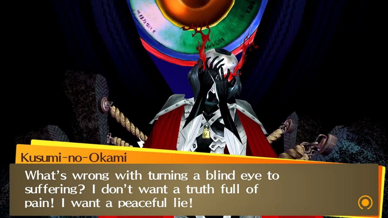 kusumi-no-okami talking about turning a blind eye to suffering before you fight her in persona 4 golden
