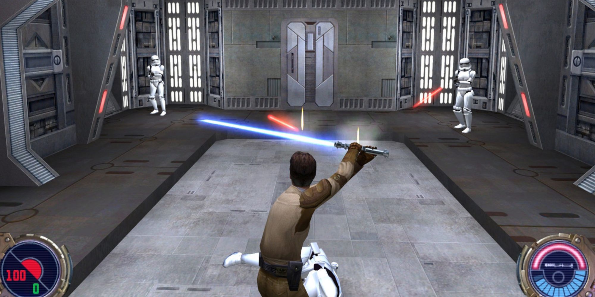 Kyle Katarn deflecting laser blasts from two stormtroopers in Star Wars Jedi Knight II Jedi Outcast