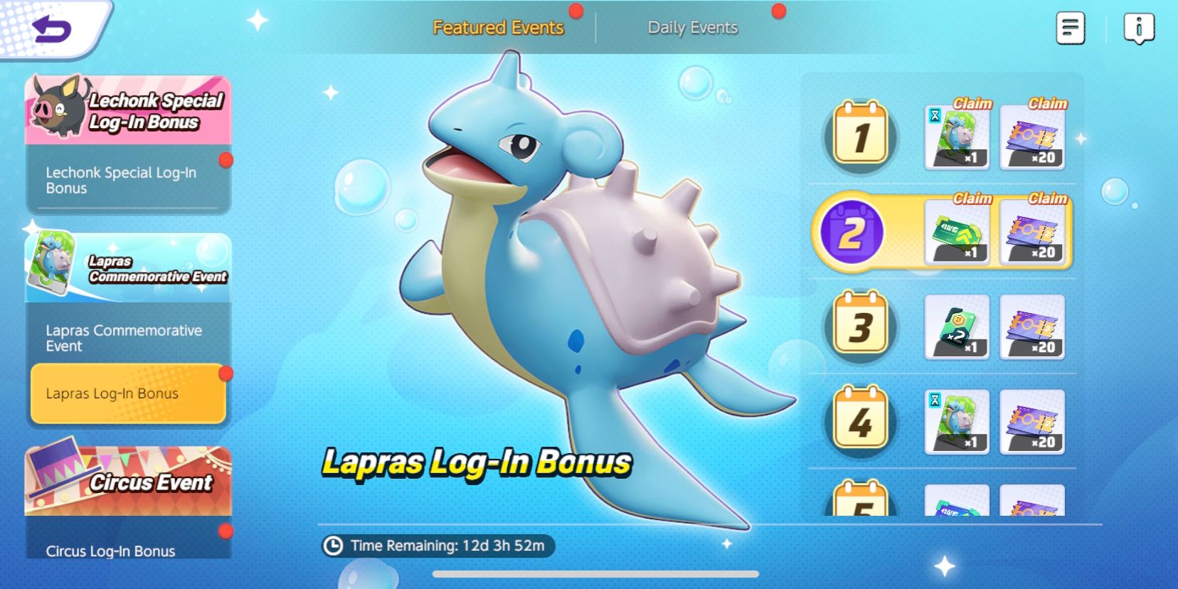 Pokemon Unite's Lapras login bonus screen showing various login bonus rewards