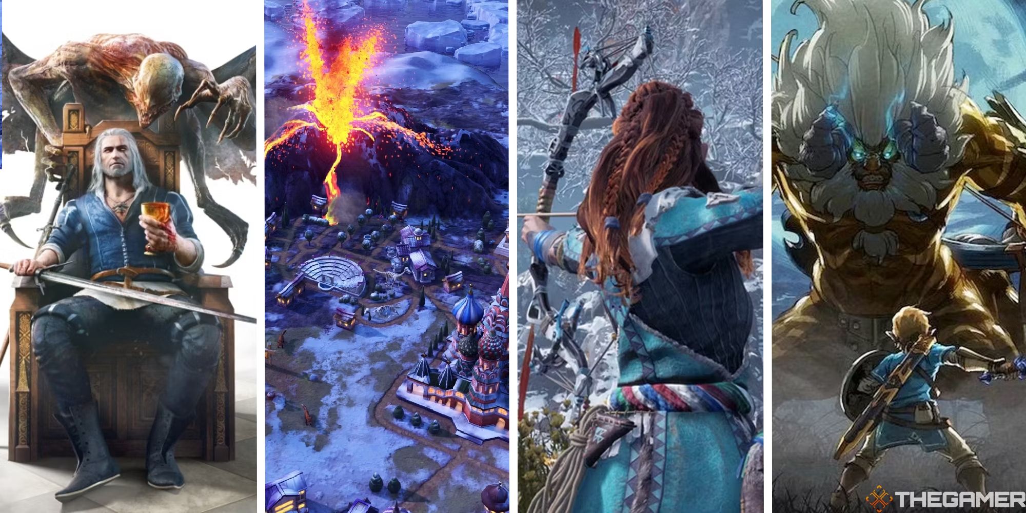 split image showing the witcher 3, civ 6: gathering storm, horizon hero dawn, and breath of the wild dlc