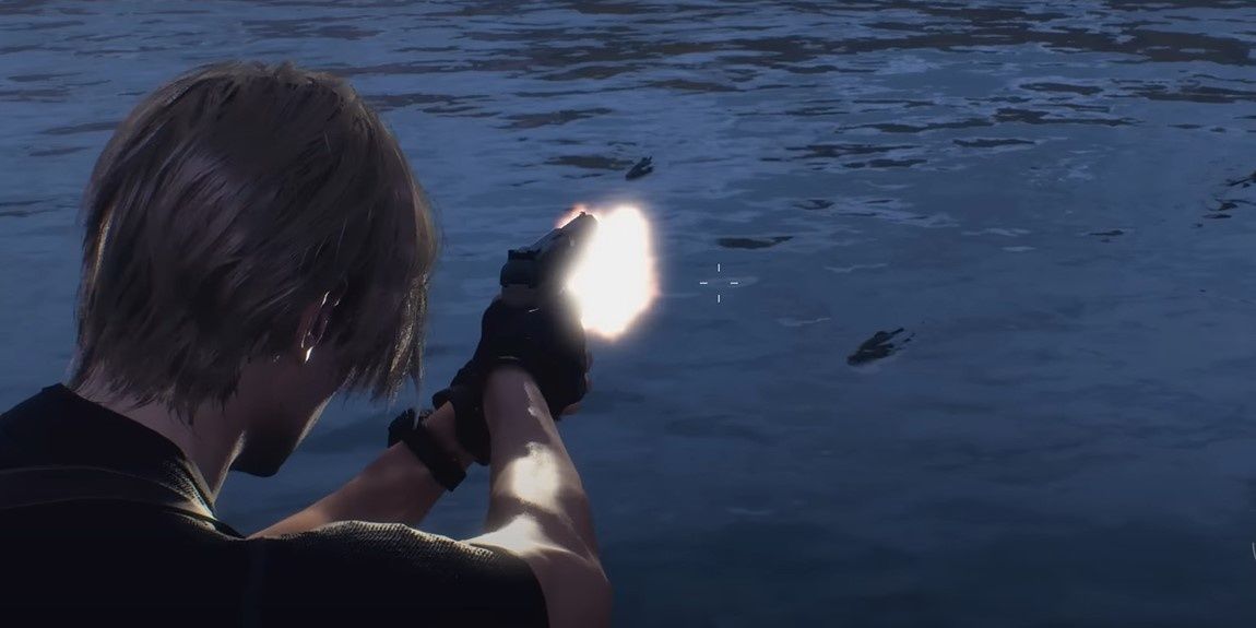 Leon shooting the lake in Resident Evil 4 Remake
