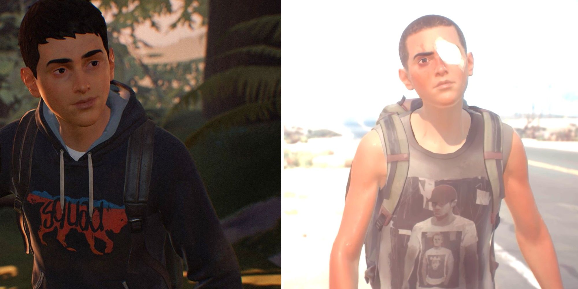 A split-image collage of Sean with his younger brother looking ordinary at the beginning of the game, and then with a buzz cut and a patch over his eye in the next.