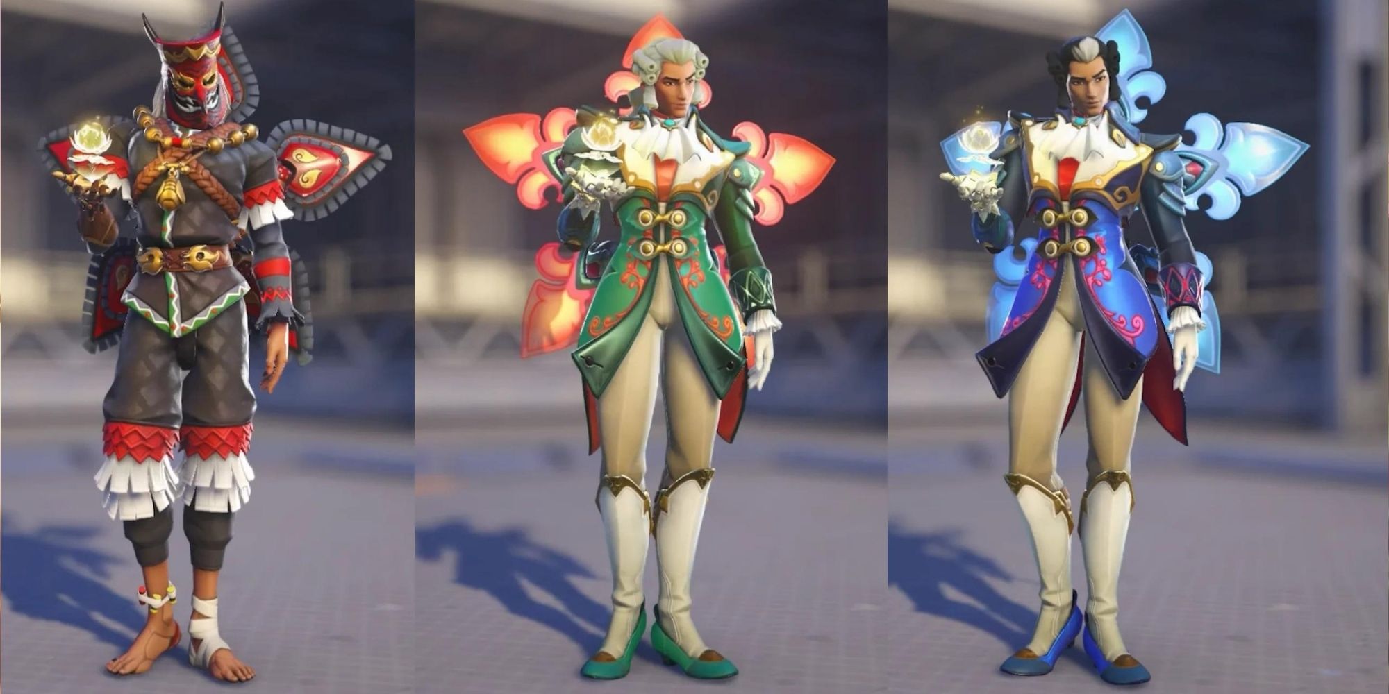 A collage showing Lifeweaver posing with three different skins in Overwatch 2.