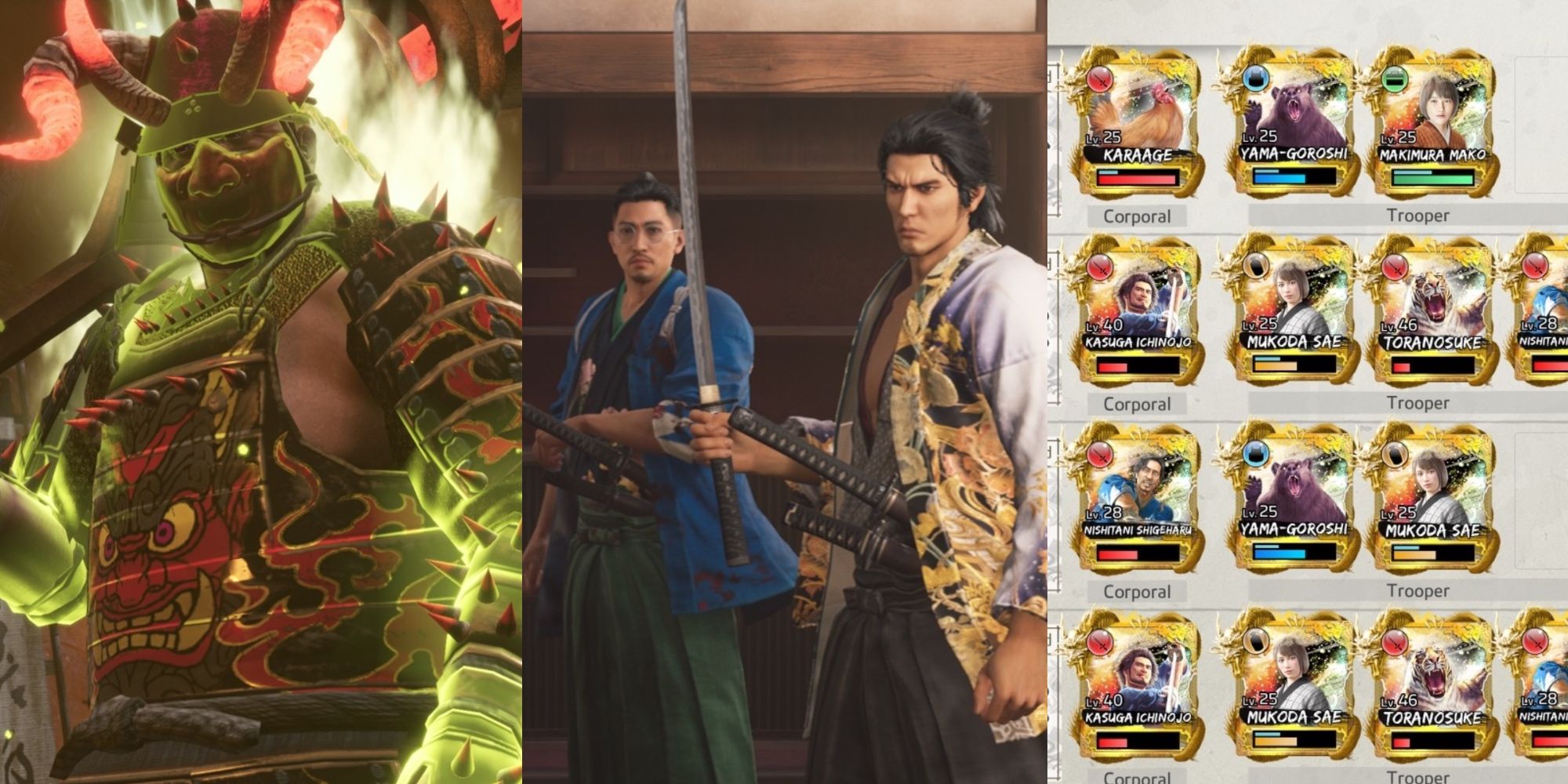 A large Battle Dungeon boss radiates energy. Ryoma prepares to fight alongside his Shinsengumi captains. Trooper Cards in their respective teams.