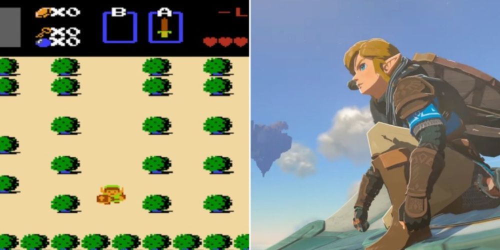 Split image of Link's first and newest appearance in The Legend Of Zelda.
