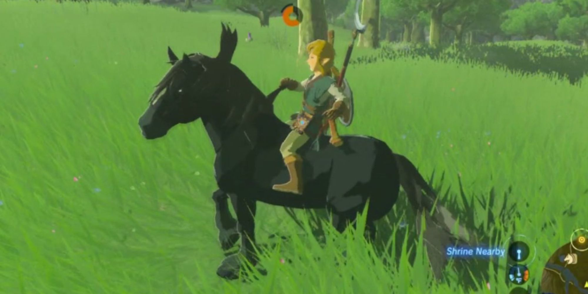 Link riding a black horse in BOTW