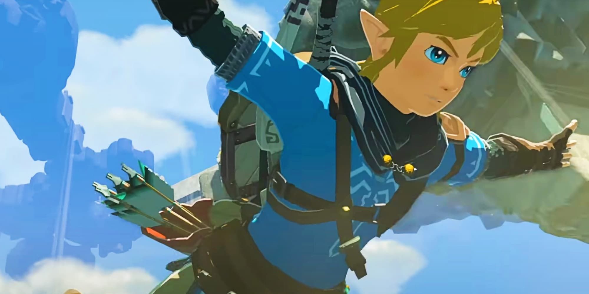Link falls through the sky with floating platforms behind him in a trailer image from The Legend of Zelda: Tears of the Kingdom.