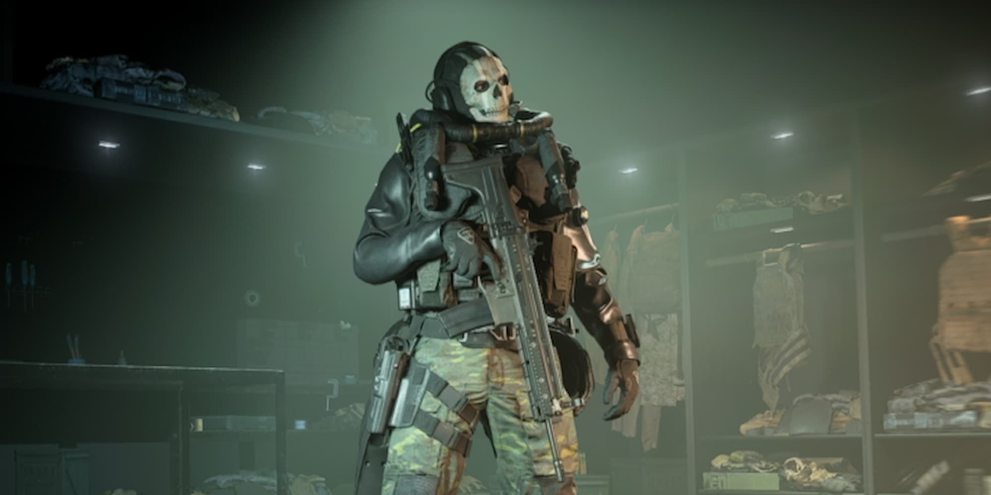 The Loch Ghost Operator skin in MW2 stands in the locker room with one hand holding a weapon pointed towards the ground.