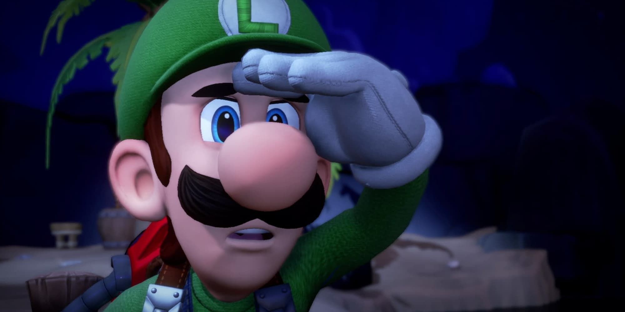 Luigi holds his hand at his brow to block light as he looks forward in Luigi's Mansion.
