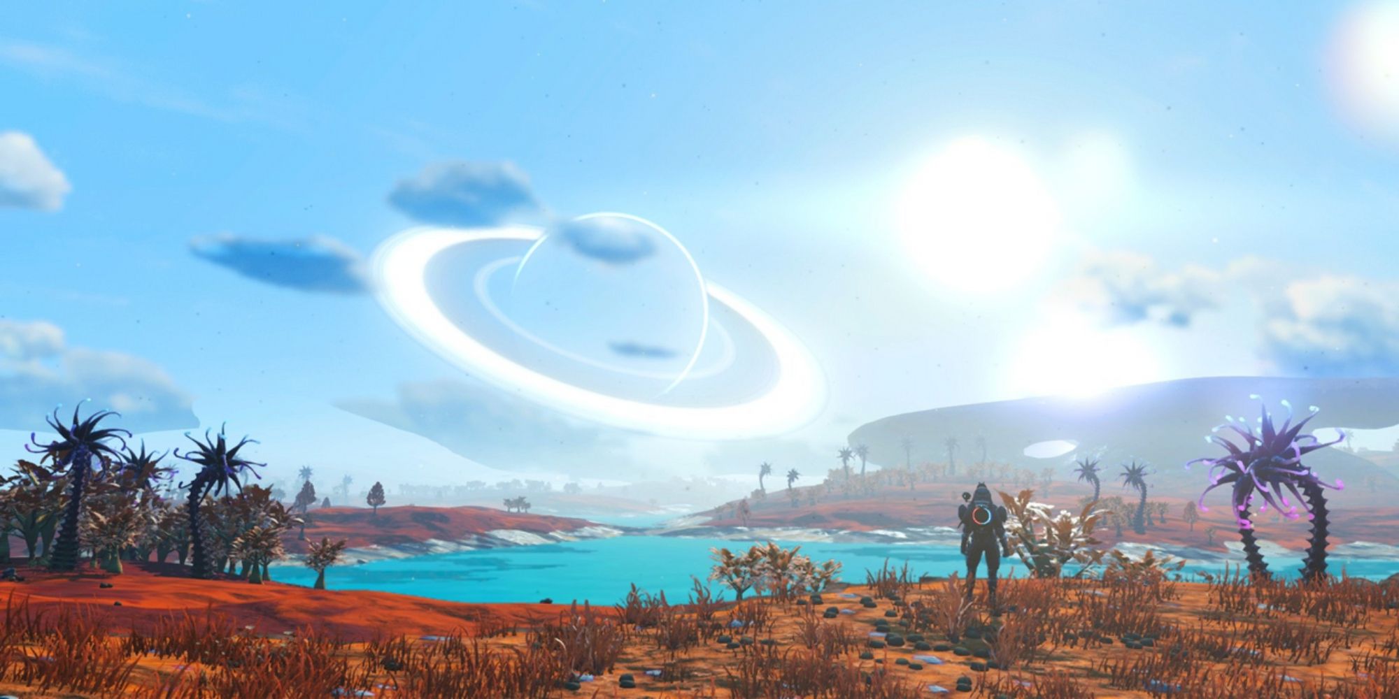 An image of the lush planet from No Man's Sky, with orange grass and blue water. These planets are home to diverse wildlife and are similar to Earth.