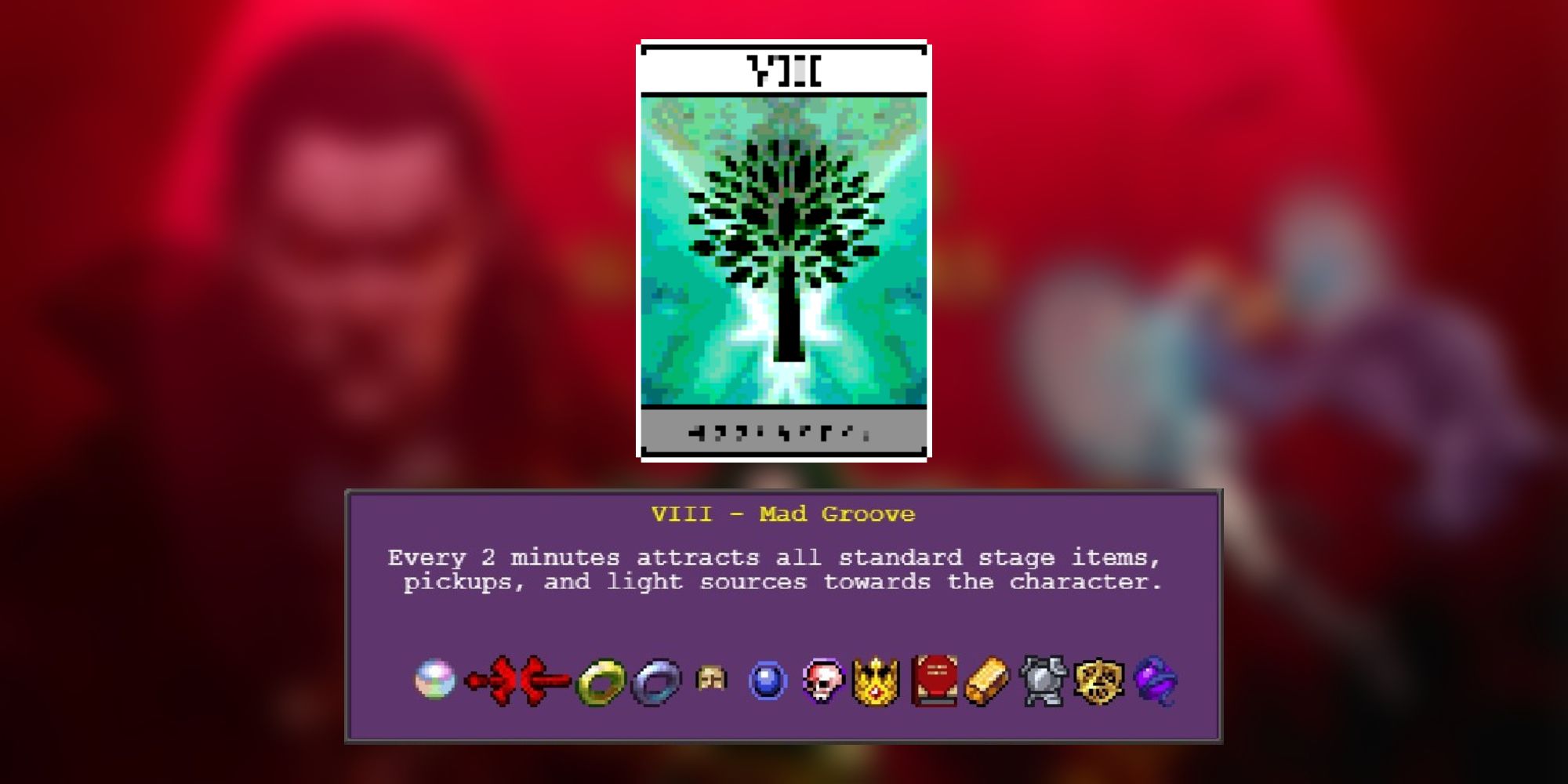 An image and description of Vampire Survivors' Mad Groove Arcana