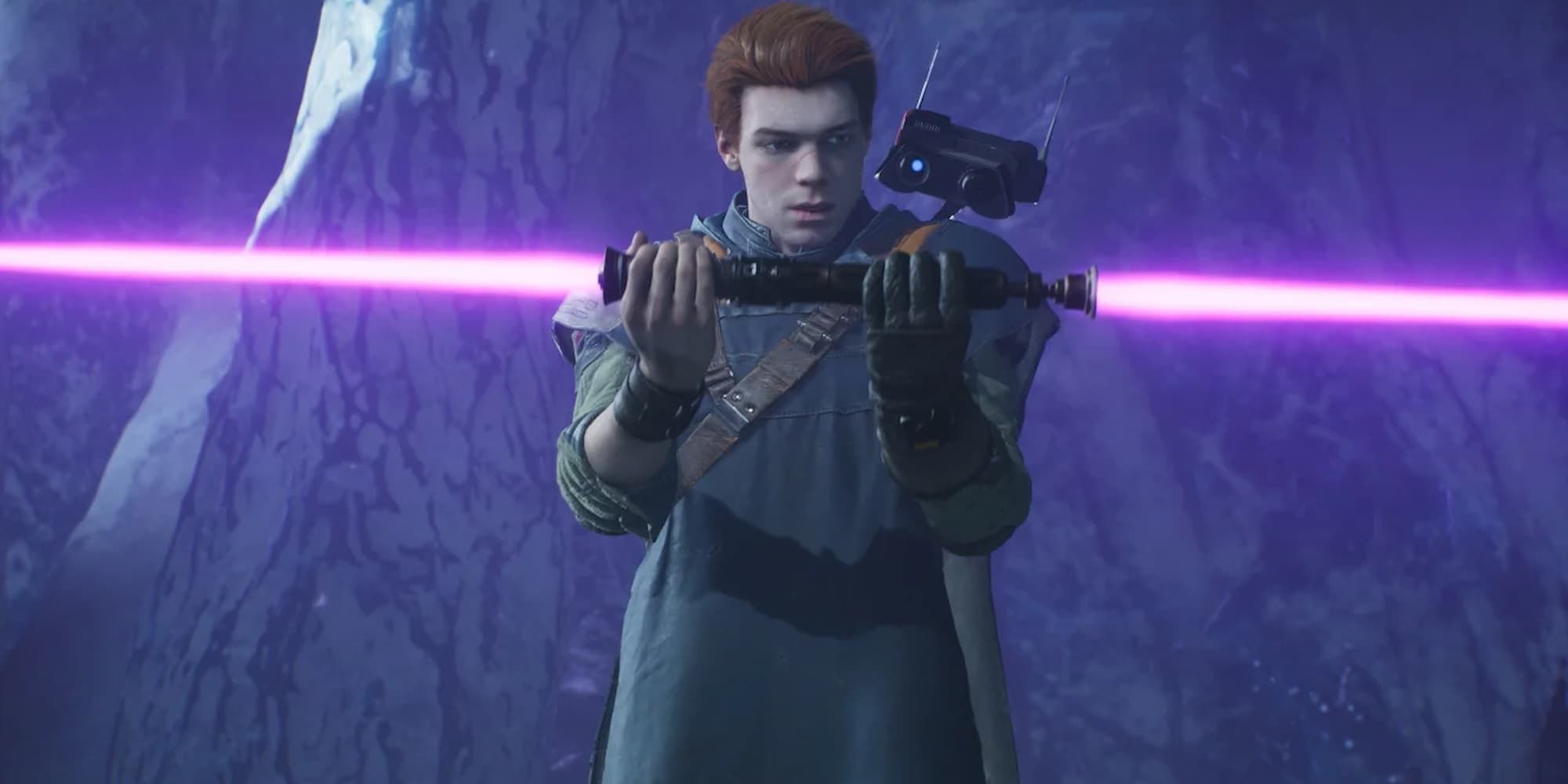 Cal Kestis takes a look at the double-bladed magenta lightsaber in Star Wars Jedi: Fallen Order.