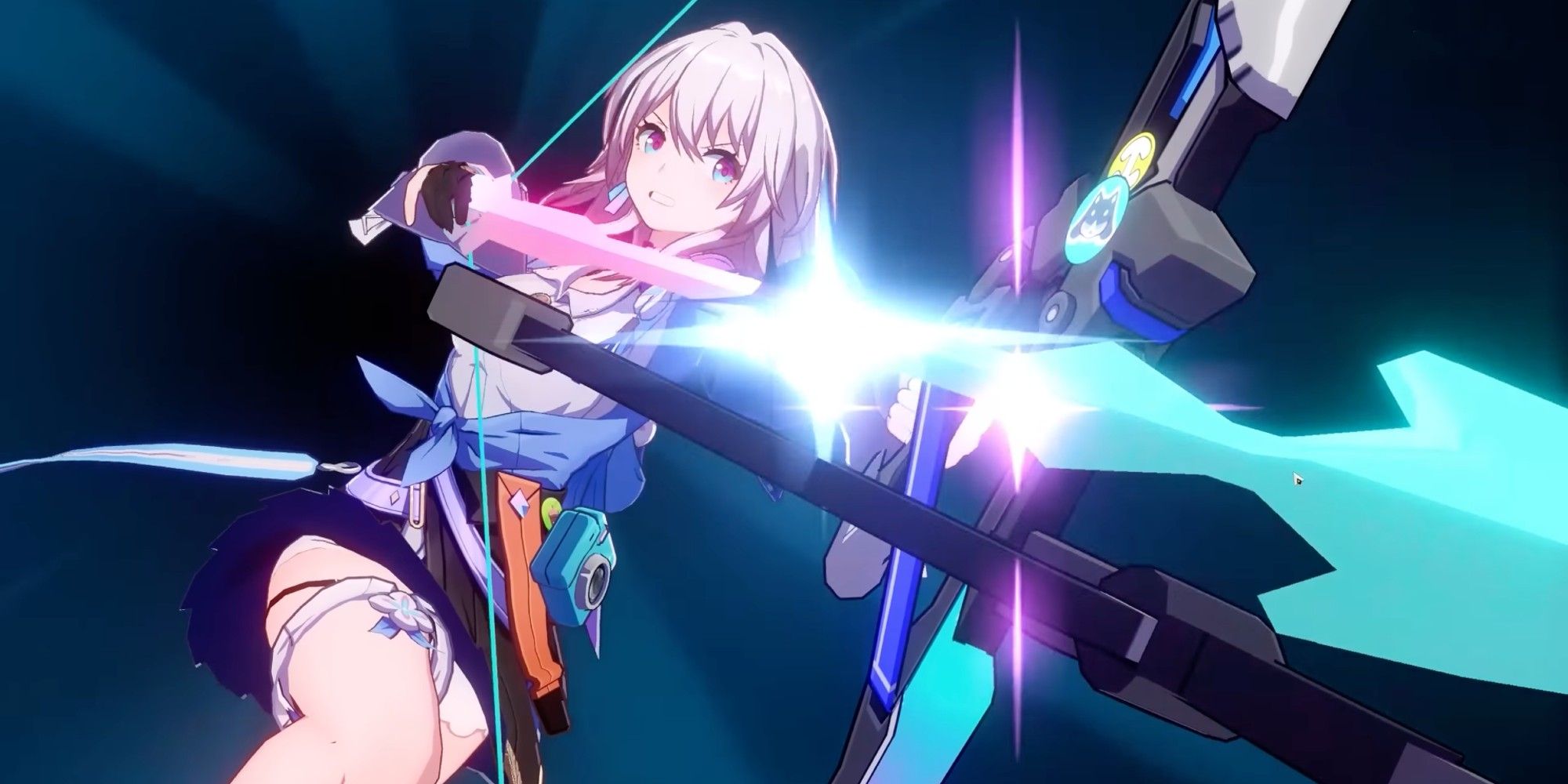 March 7th aims her arrow at the enemy field in Honkai: Star Rail.