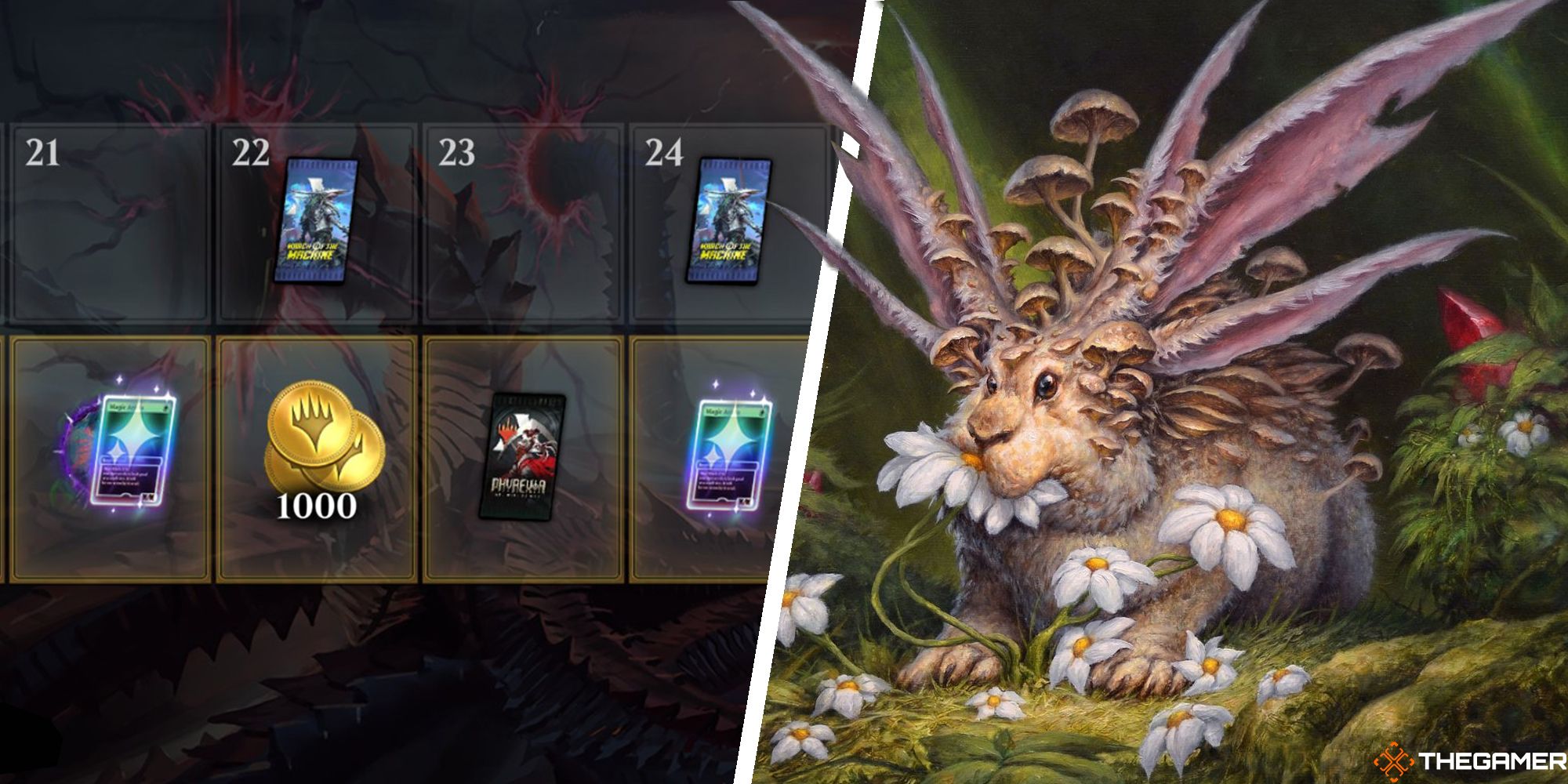 March of the Machine Mastery Pass and a rabbit covered in mushrooms in MTG Arena