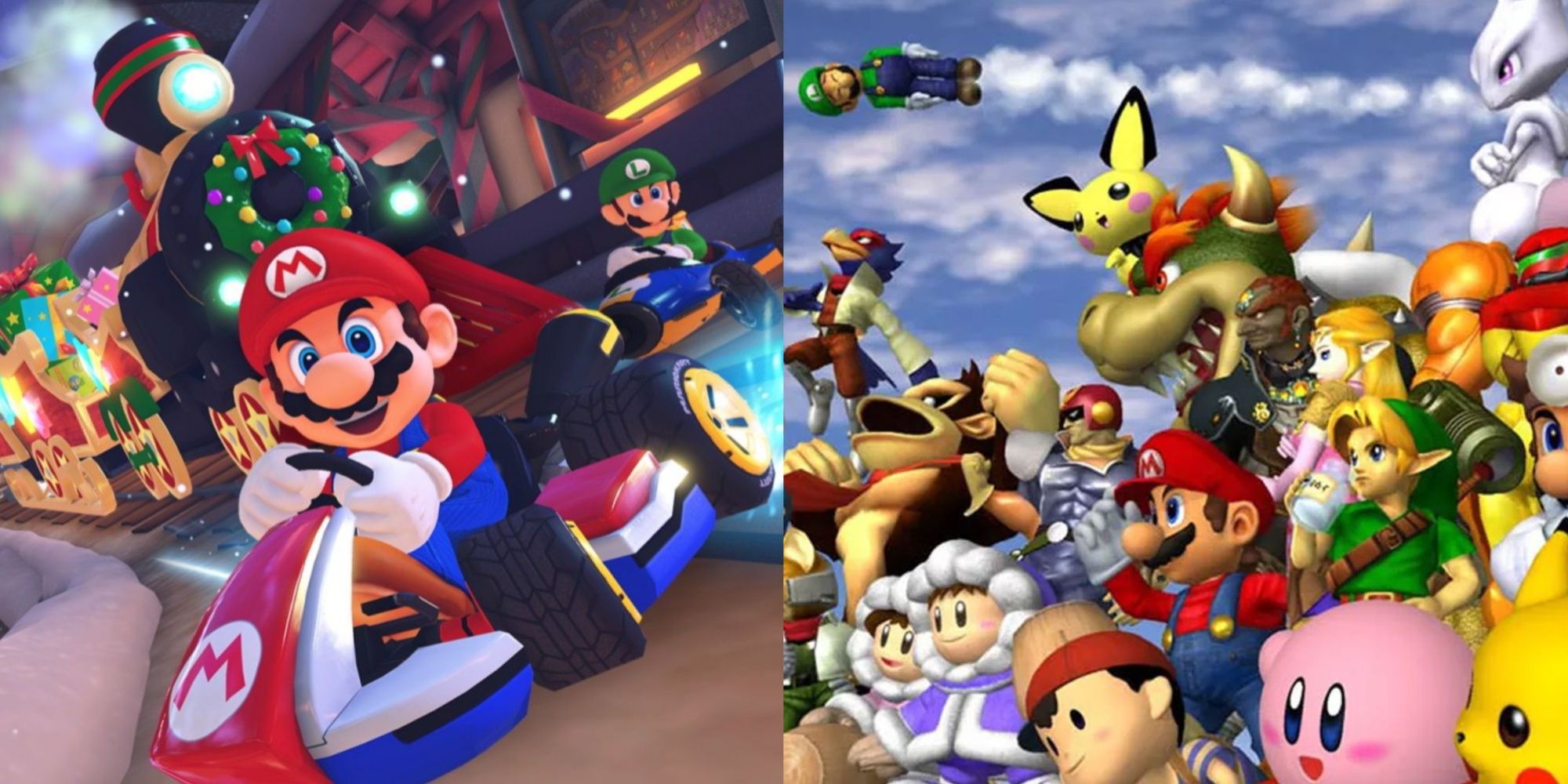 Mario and Luigi racing in Mario Kart 8 and the splash screen from Super Smash Bros. Melee
