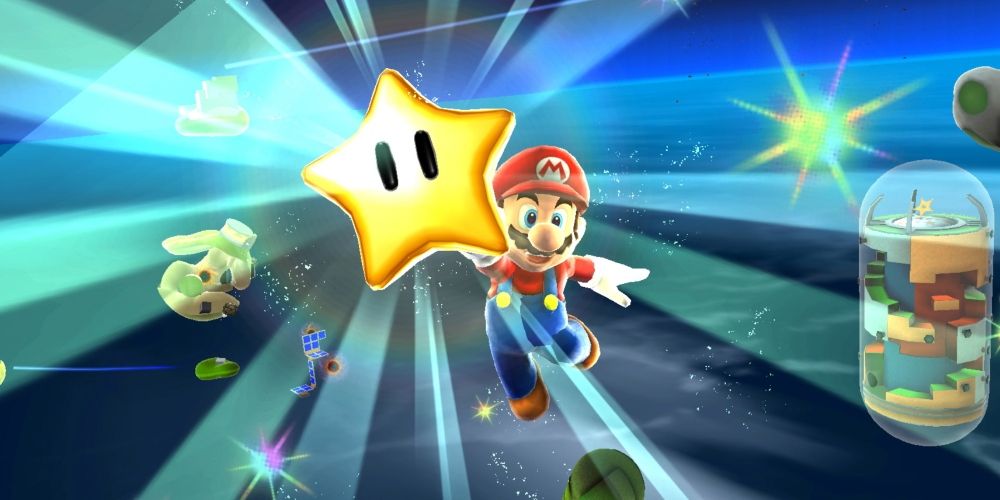 Mario from Super Mario Galaxy holding a star and smiling