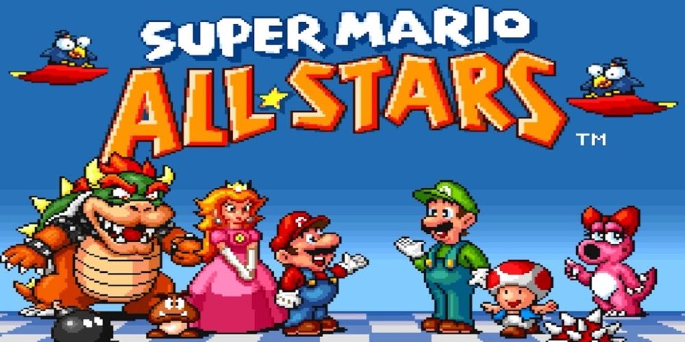 Mario, Luigi, Peach, Bowser, Toad, and Birdo standing next to each other and smiling in Super Mario All-Stars