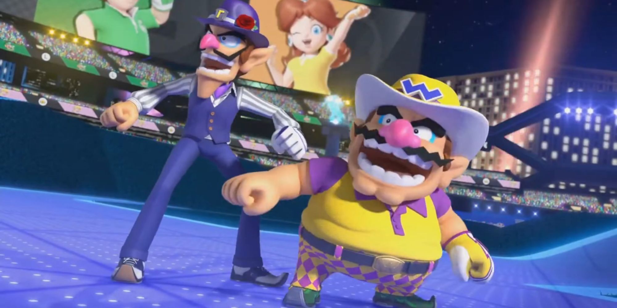 Wario and Waluigi stand outside a tennis court together in Mario Tennis Aces