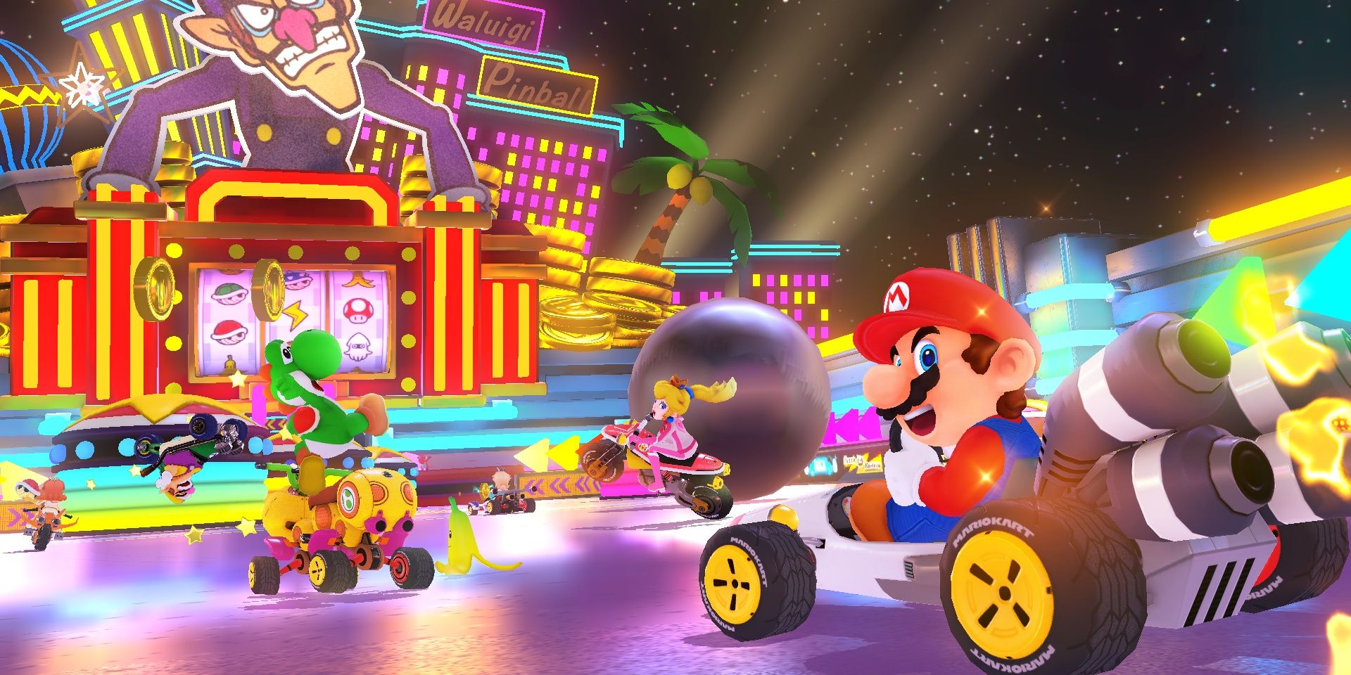 Mario, Yoshi, and Peach racing in Waluigi's course in Mario Kart 8